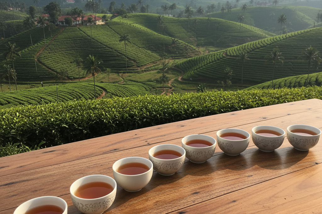 Tea tasting cups lined up on a wooden table, in the backgorund is sri lankan tea estates