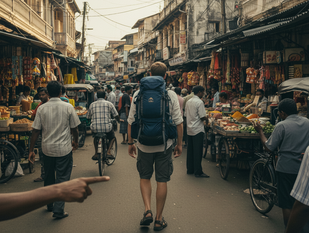 A solo male traveler with a large blue backpack walks through a crowded, bustling street market in Pettah, Sri Lanka, viewed from behind.