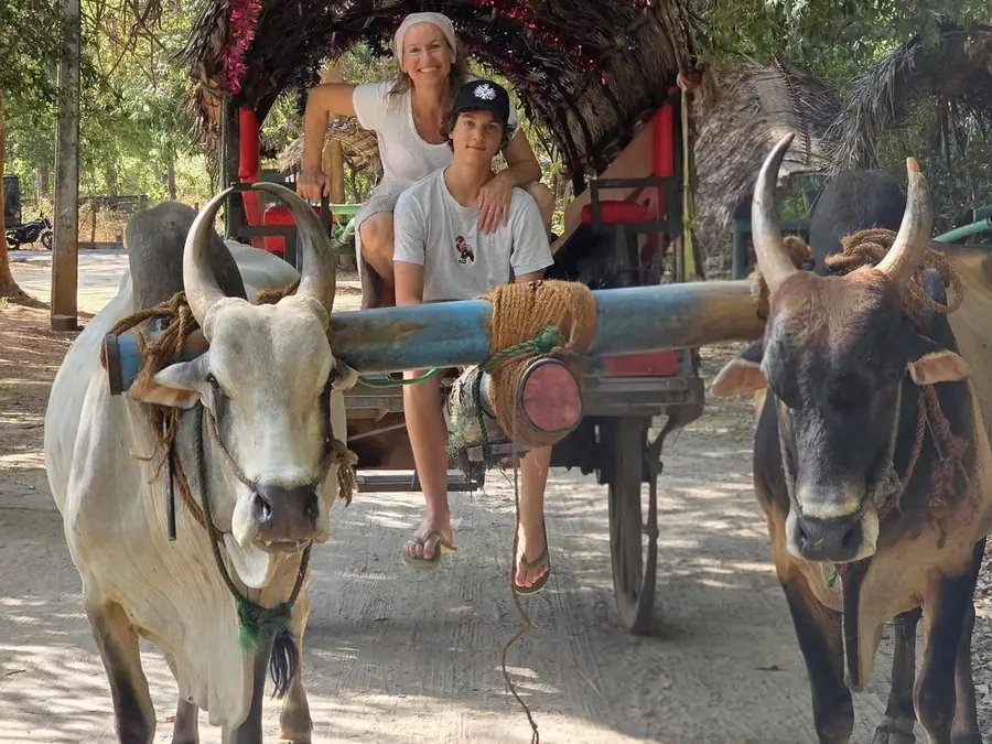 Gäste auf einer Ochsenkarrenfahrt durch ein Dorf in Sri Lanka